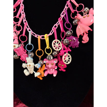 Vintage 1980s Plastic Chain Charm Necklace 12 Bell Googly Eyes Charm Pink Purple