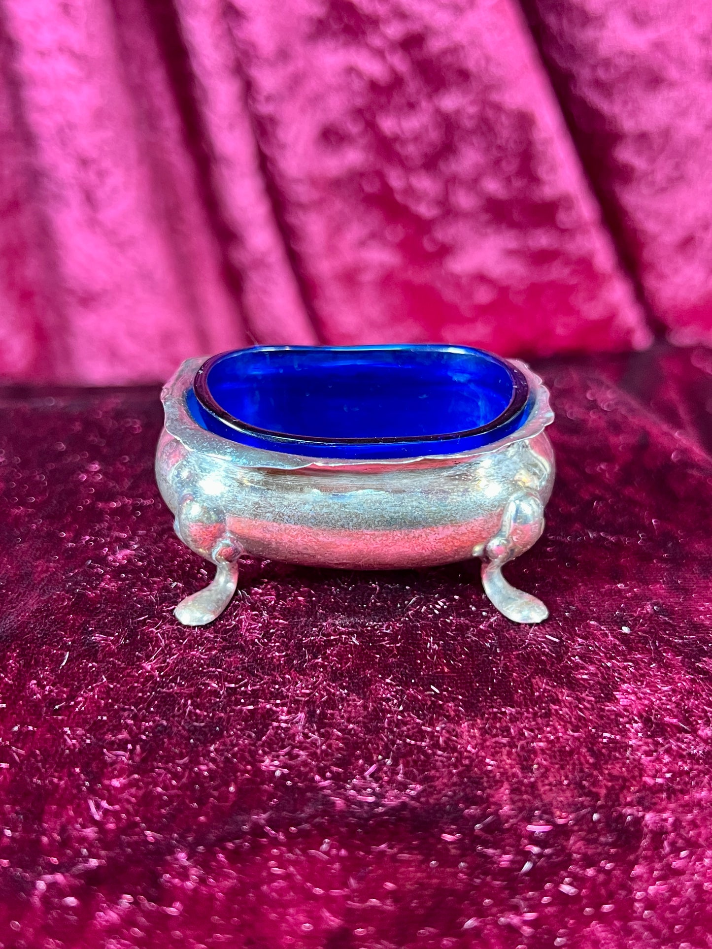 Vintage Kitchen - Footed Salt Cellar with Cobalt Blue Glass Insert - Sterling Silver - Dented