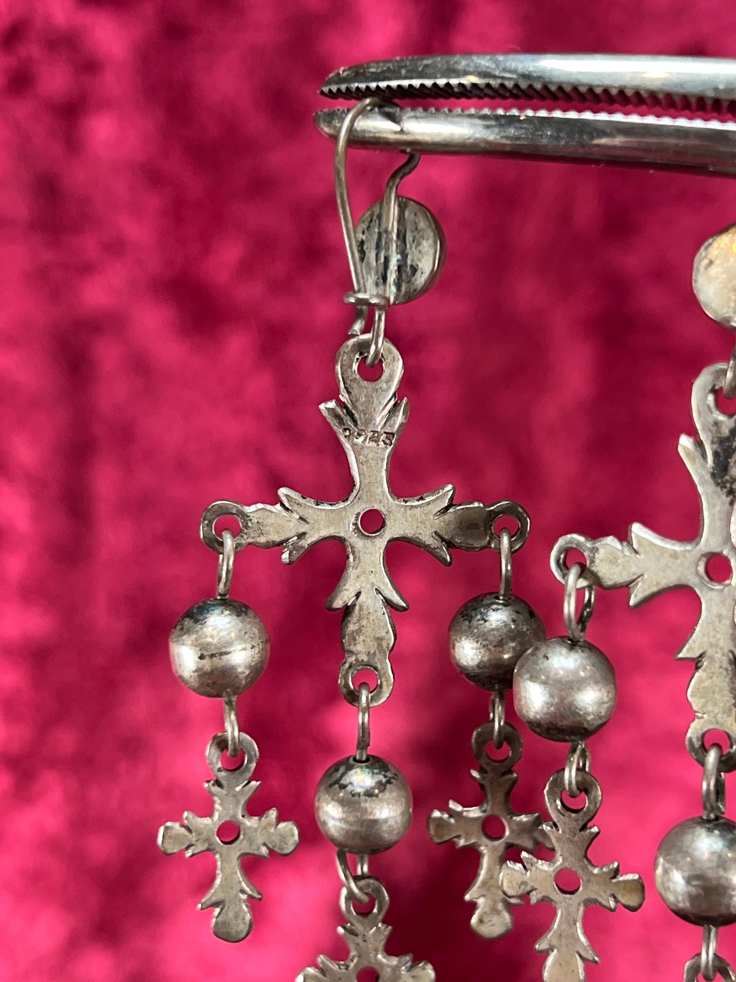 Vintage Jewelry - Dangle / Drop Earrings - 925 Silver - Ornate Crosses on Censers