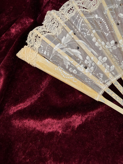 Antique Art Nouveau Handheld Fan with Lace Trim – Hand Painted Floral Design with Sequin Detail