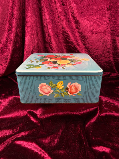 Vintage Metal Tin Box - 1970s Rose Bouquet Floral Keepsake Storage - William Crawford & Sons