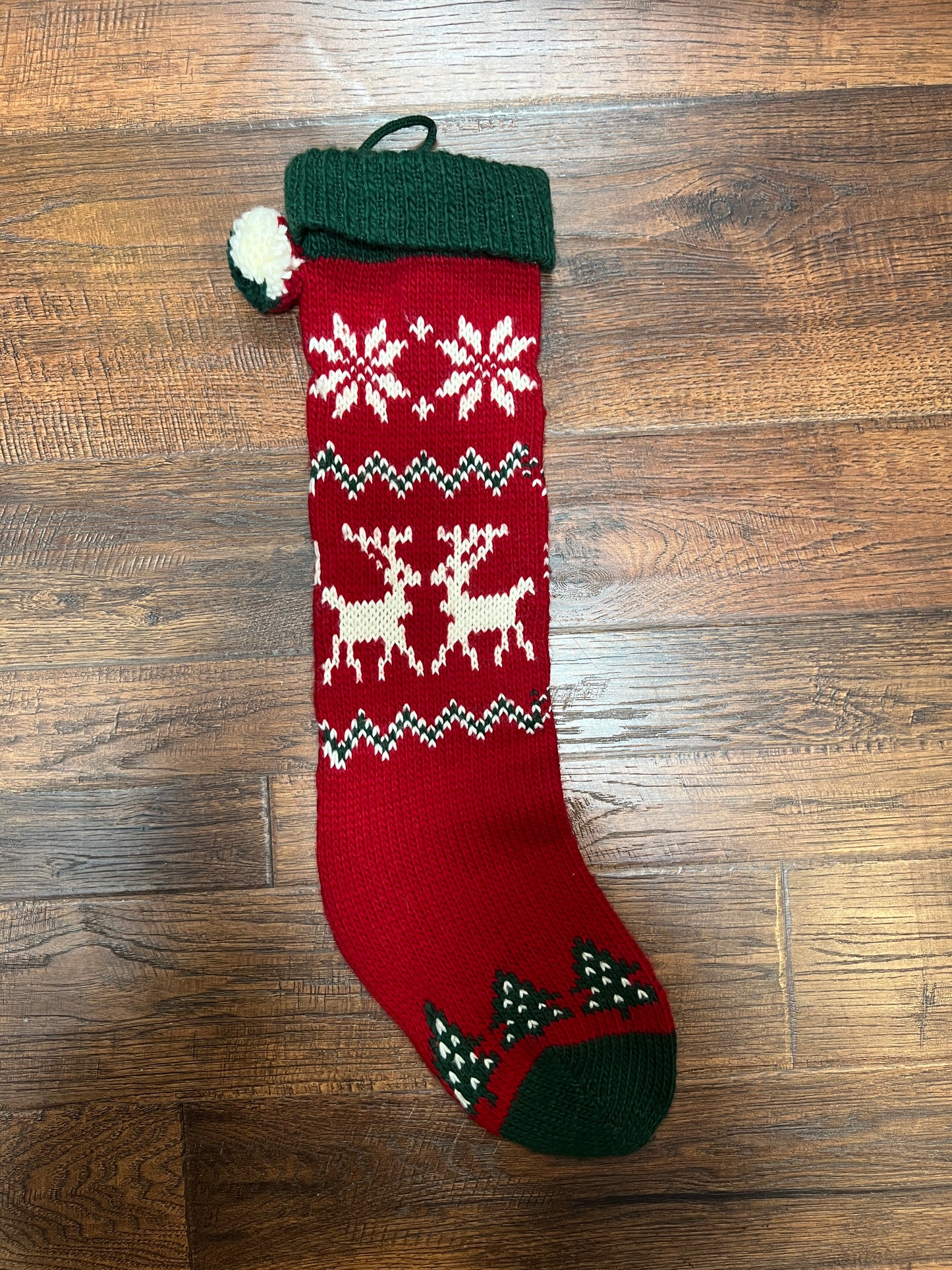 Vintage Christmas - Knit Stocking - White Reindeer on Red
