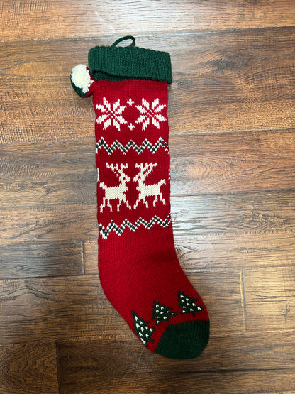 Vintage Christmas - Knit Stocking - White Reindeer on Red