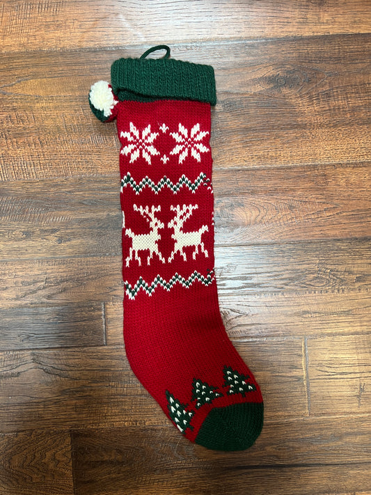 Vintage Christmas - Knit Stocking - White Reindeer on Red