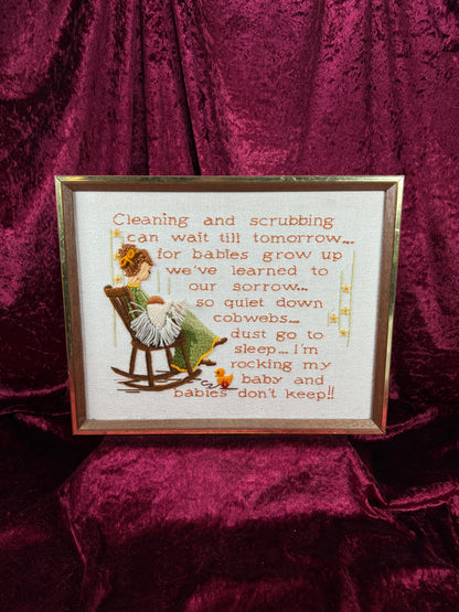 Vintage Framed Crewel Embroidery Wall Art - Babies Don't Keep Needlework - Sunset Designs 1977