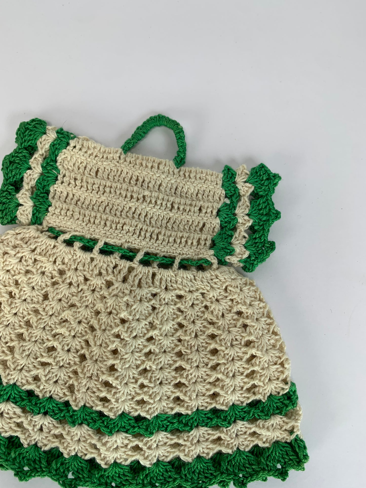 Vintage Crocheted Pot Holder Dresses - Set of 2 - Green and White