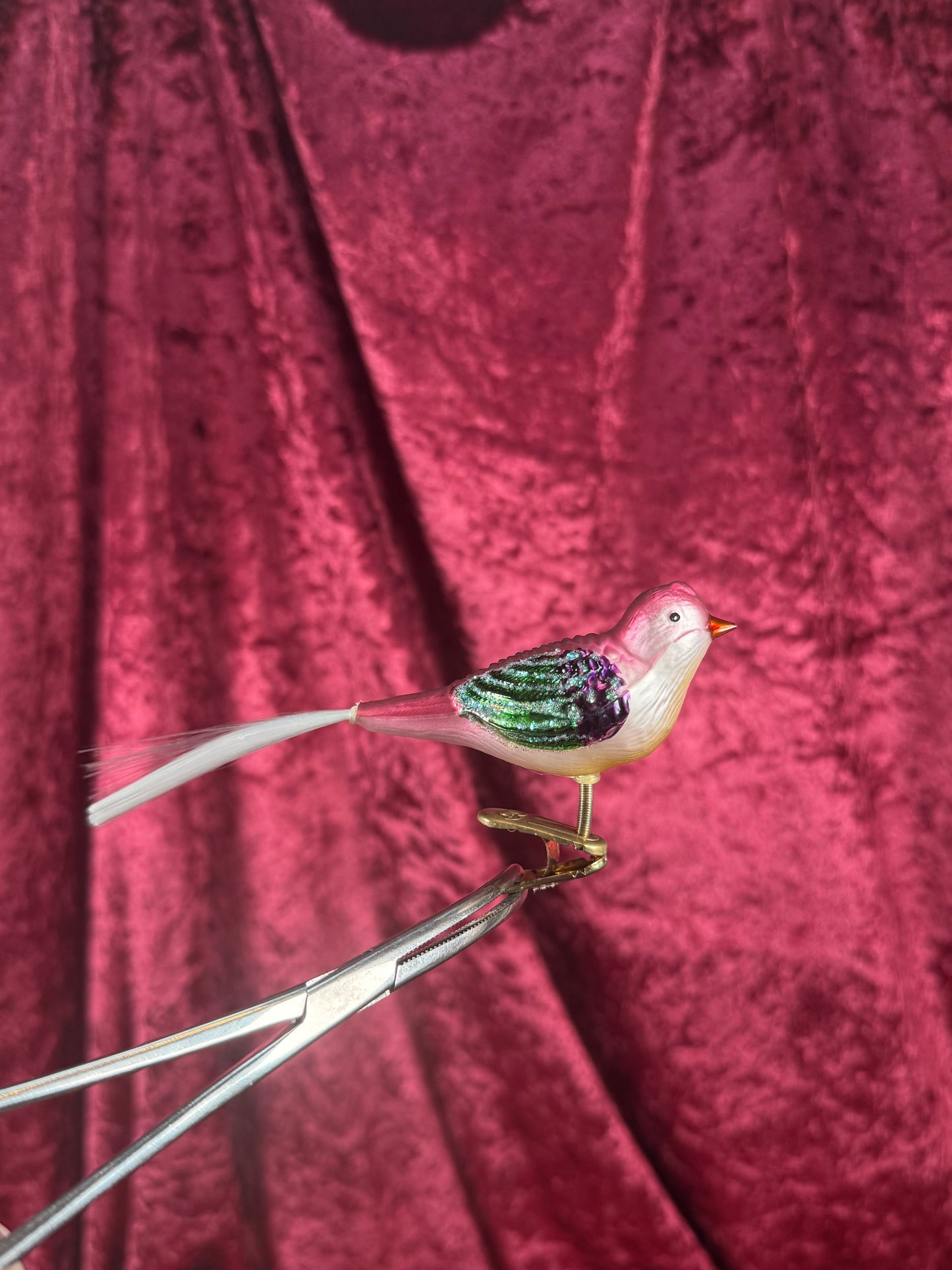 Vintage Christmas - Handblown Glass Clip On Ornament - Pink and Green Bird with Nylon Hair Tail