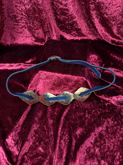 Vintage Brass and Indigo Suede Leather Belt – Sculptural Wave Plate Adjustable Fit