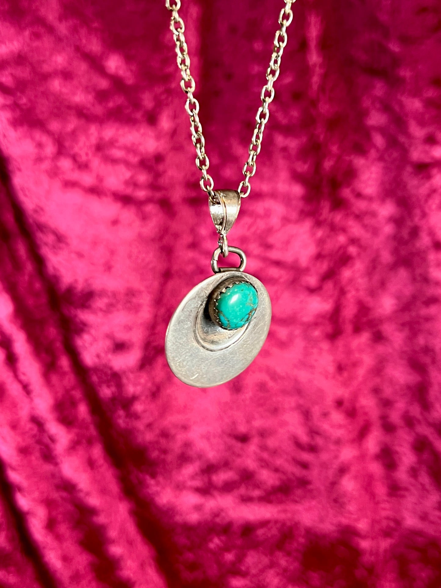 Vintage Jewelry - Necklace - 925 Silver Turquoise Saucer Pendant - 18”