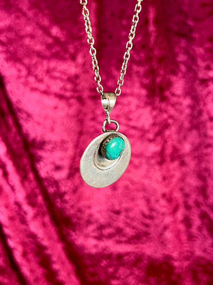 Vintage Jewelry - Necklace - 925 Silver Turquoise Saucer Pendant - 18”
