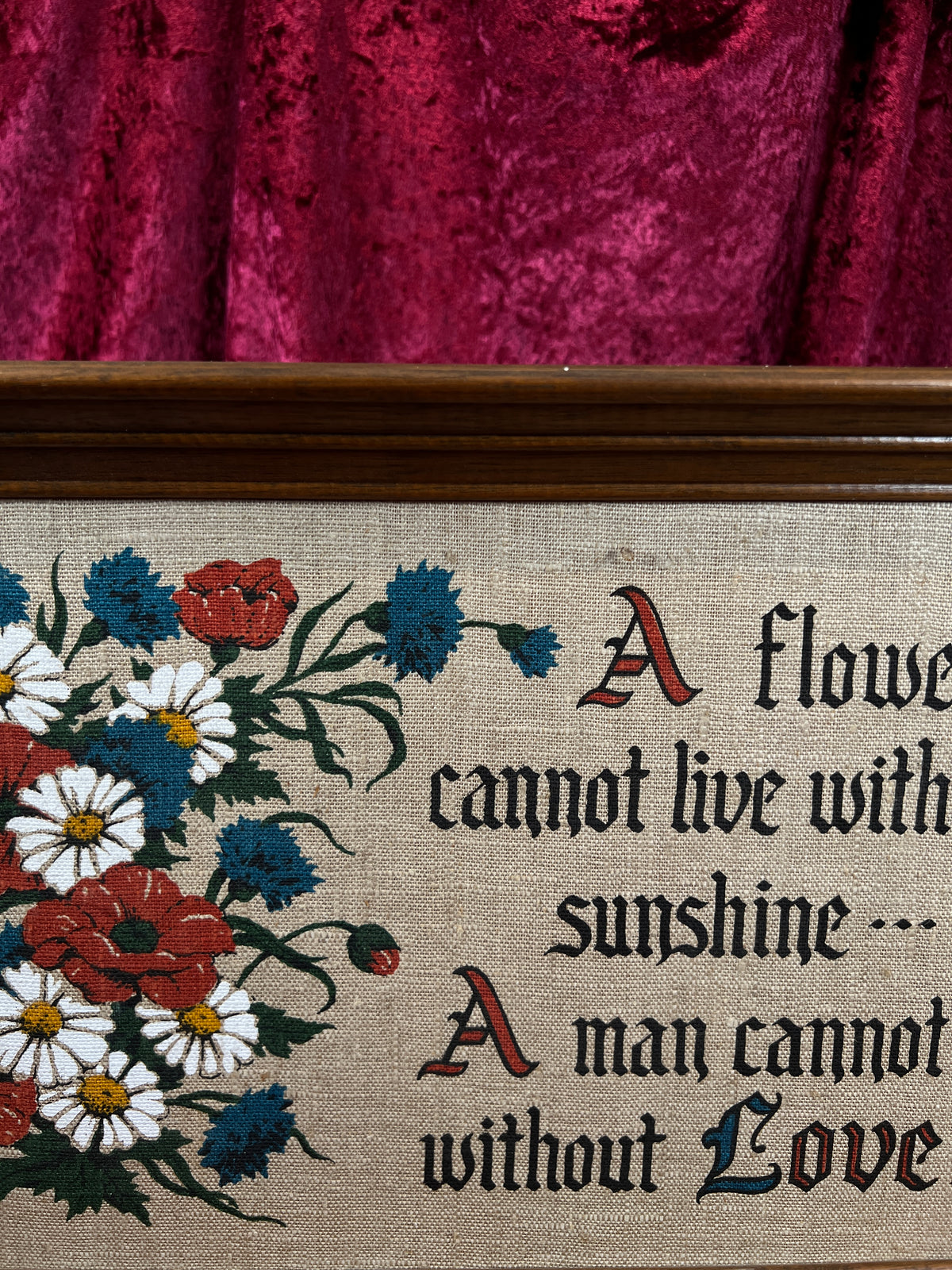 Vintage Linen Wall Art - Kay Dee Handprints Floral Love Quote Screenprint
