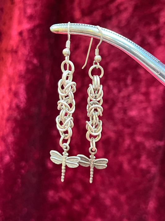 Vintage Jewelry - Drop Earrings - Silver Tone Dangling Dragonflies