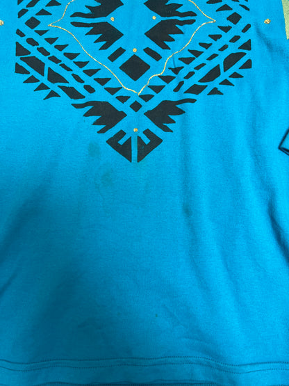 Vintage Clothing - Long Sleeve Shirt - Southwestern Print on Blue - Medium - Silver Cloud
