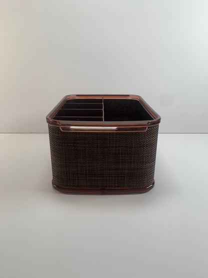 Vintage Desktop Organizer - Brown Wicker and Plastic