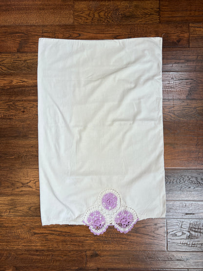 Vintage Linens - Pair of Embroidered Pillowcases - Purple Crochet Doilies