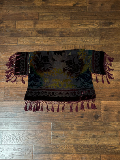 Vintage Velvet Burnout Shawl - Jewel Tone Floral Beaded Fringe Wrap - Size Small