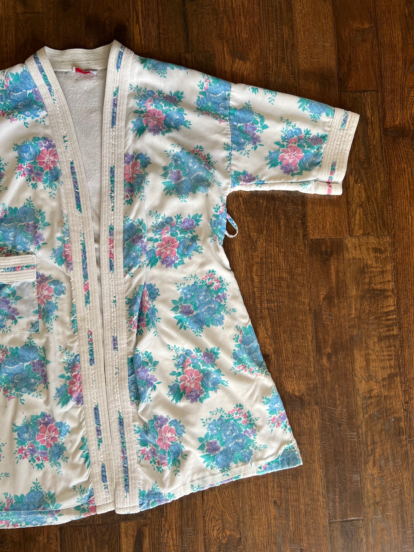 Vintage Clothing - Terrycloth Bath Robe - Blue Rose Clusters - Michele of Miami - Small / Medium
