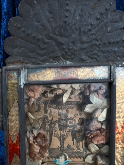 Vintage Metal Religious Shadow Box – Crucifixion Dried Flower Folk Art Shrine