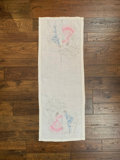 Vintage Cross Stitch Embroidered Table Runner - Courting Lord & Lady