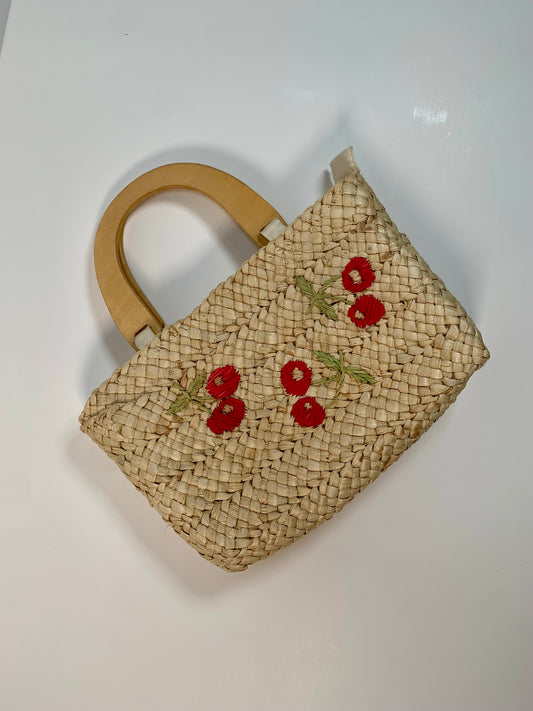 Vintage Purse - Woven Straw Top Handle Mini Bag - Cherry Pattern