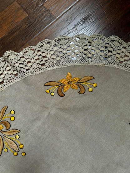 Vintage Circular Linen Table Cover - Harvest Yellow Embroidered Florals Crochet Lace Trim