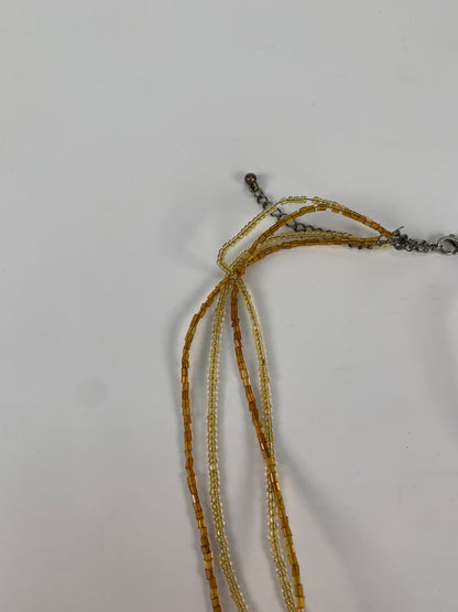 Vintage Jewelry - Five Strand Beaded Pendant Necklace - Faux Amber Rhinestone - Premier Design
