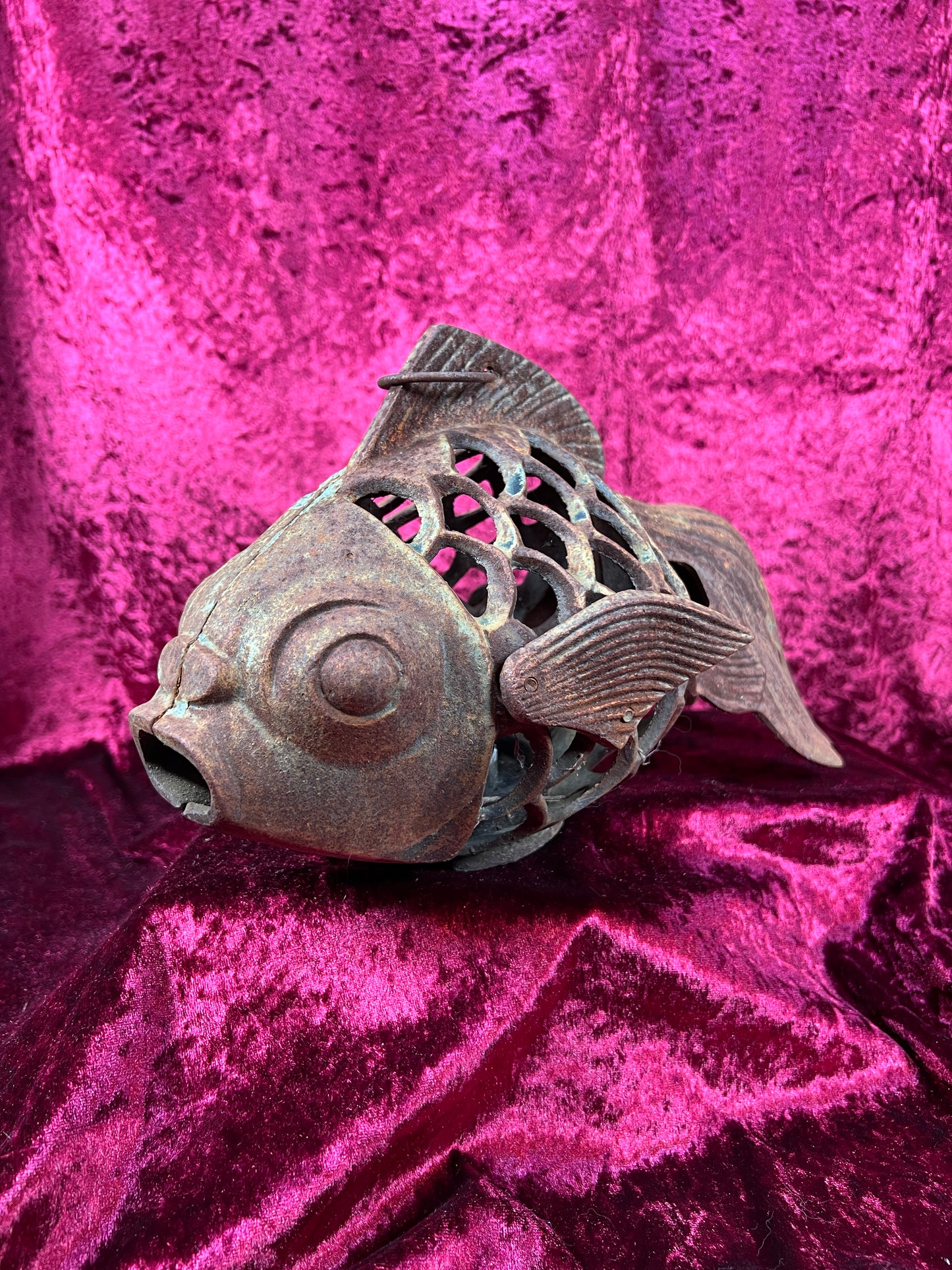 Vintage Home Decor - Hanging / Tabletop Candle Lantern - Cast Iron Koi Fish