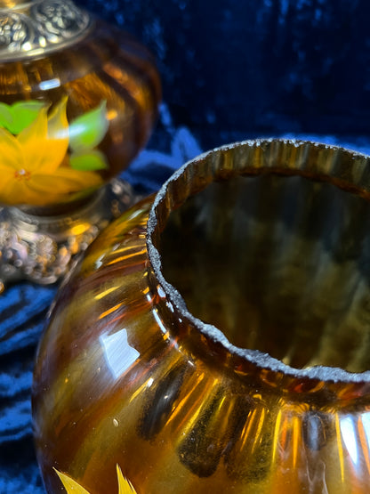 Vintage Amber Glass Parlor Lamp – Hand Painted Yellow Flowers Double Globe Hurricane Style