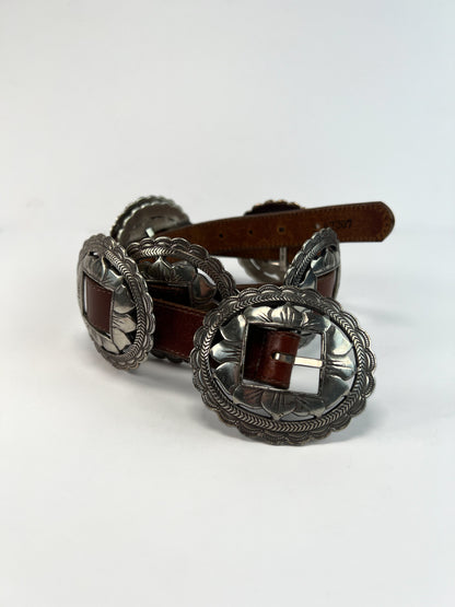 Vintage Belt - Brown Leather - Large Sunflower Concho Medallions - Brighton - 30" - Made In U.S.A.