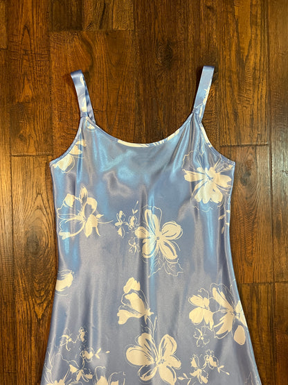 Vintage Clothing - Full Length Satin Nightgown - Baby Blue with White Floral Pattern - Medium