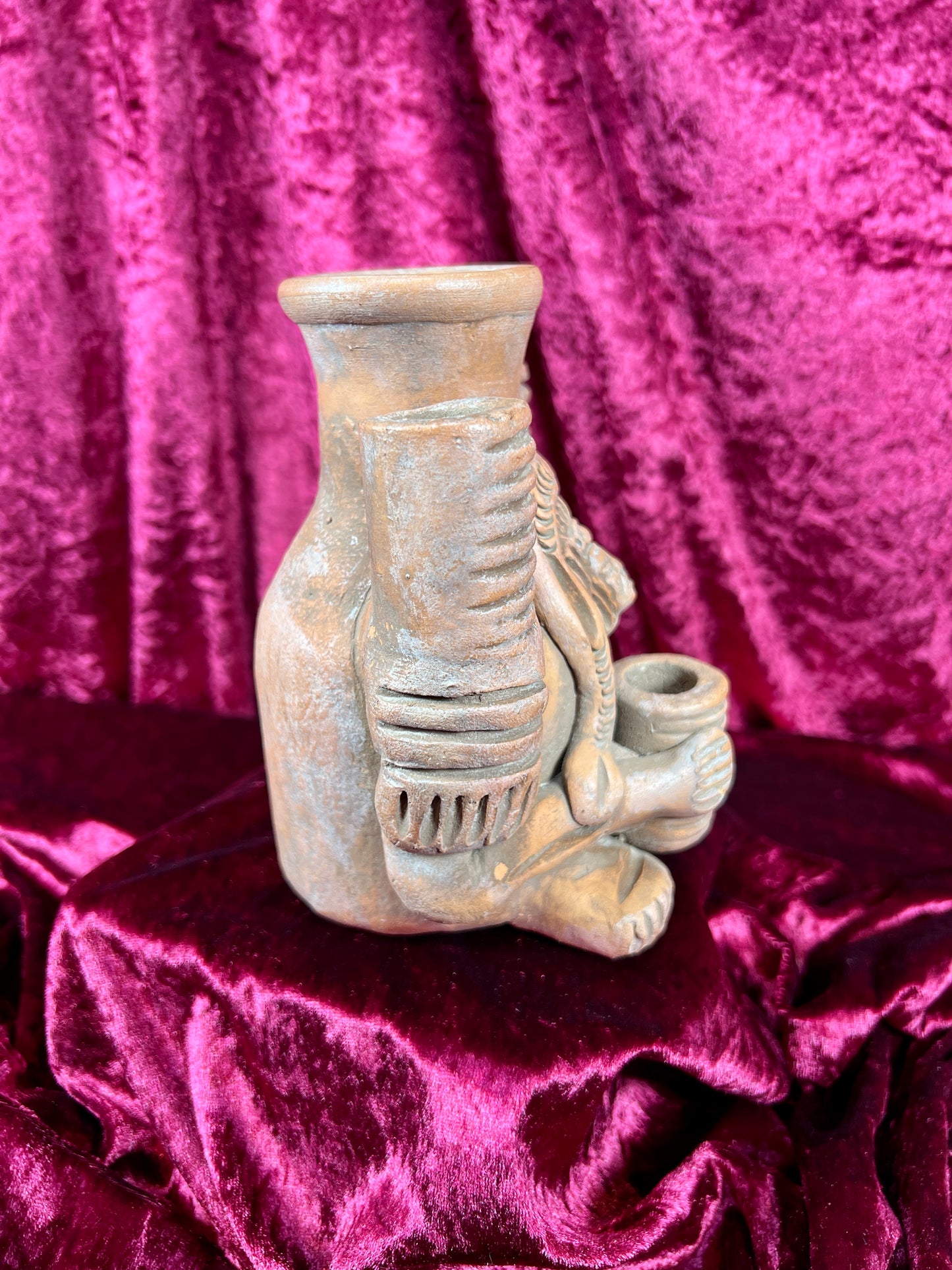 Vintage Oddities - Altar Candelabra - Red Clay Mayan / Aztec Deity Effigy