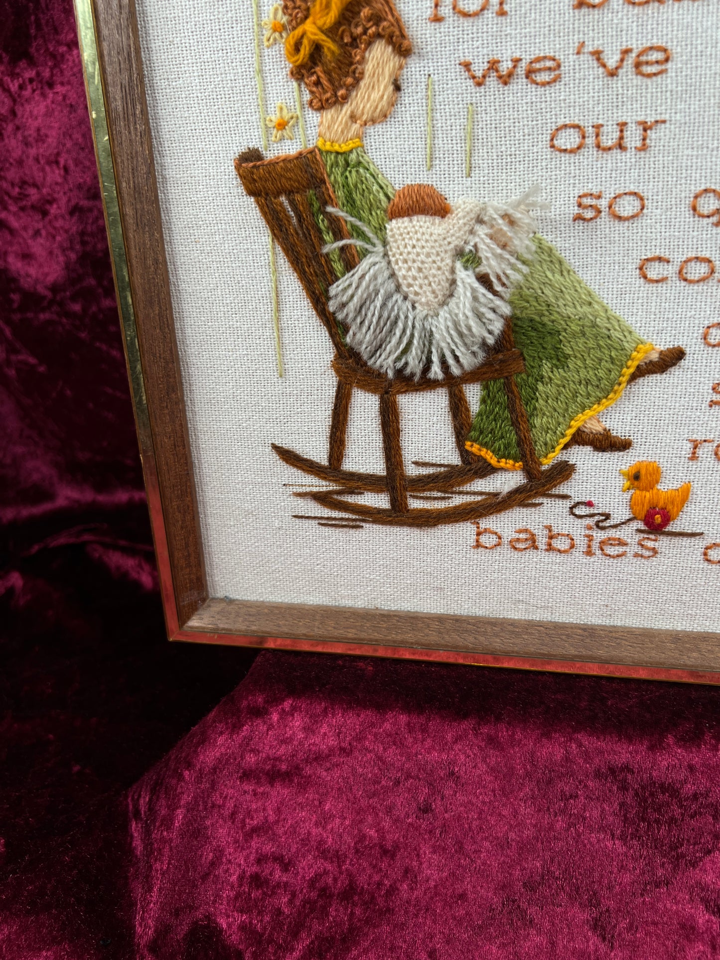 Vintage Framed Crewel Embroidery Wall Art - Babies Don't Keep Needlework - Sunset Designs 1977