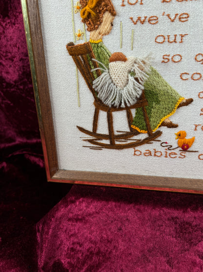 Vintage Framed Crewel Embroidery Wall Art - Babies Don't Keep Needlework - Sunset Designs 1977