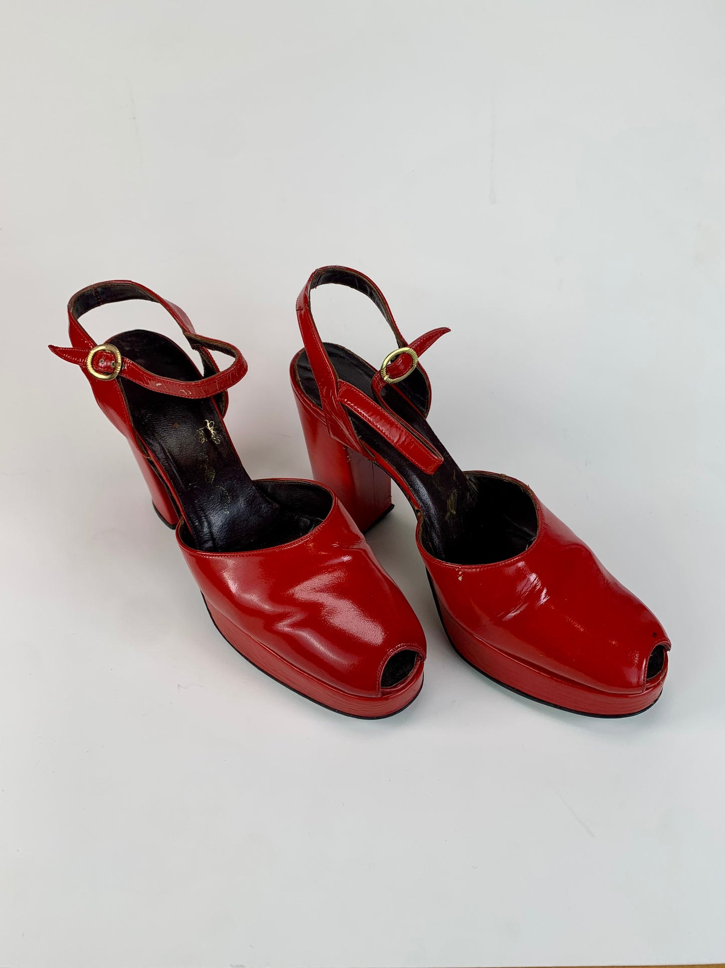 Vintage Shoes - Patent Leather Peep Toe Platform Heels - Cherry Red - 7 1/2