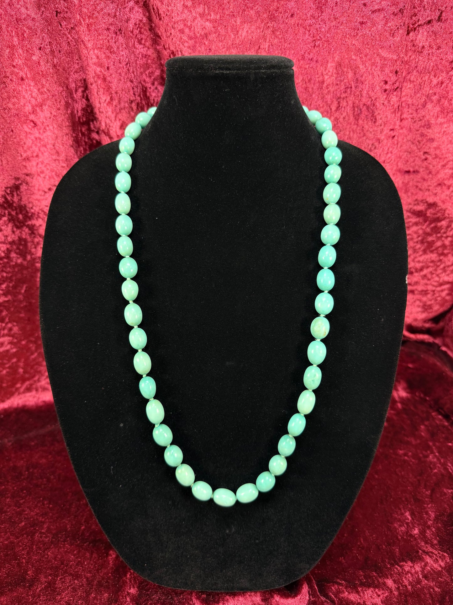 Vintage Agate Beaded Necklace – Turquoise Tone Hand Knotted Strand