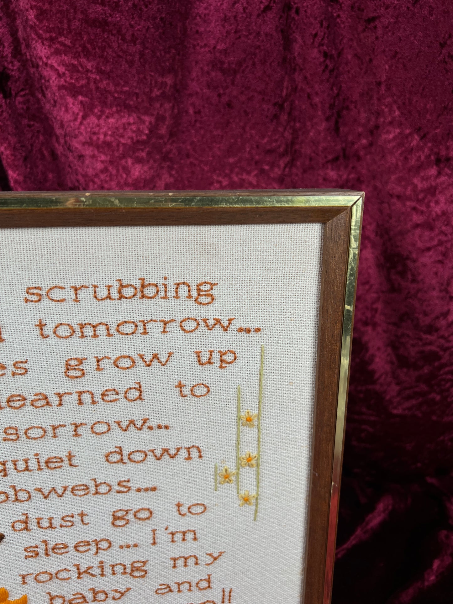 Vintage Framed Crewel Embroidery Wall Art - Babies Don't Keep Needlework - Sunset Designs 1977