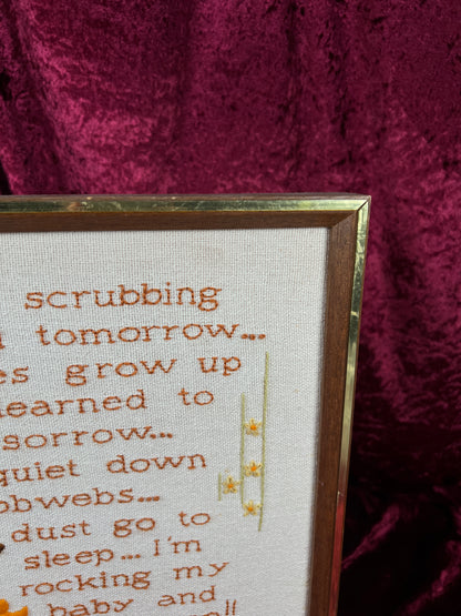 Vintage Framed Crewel Embroidery Wall Art - Babies Don't Keep Needlework - Sunset Designs 1977