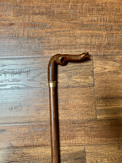 Vintage Wood Walking Cane – Hand Carved Snake Head Handle Antique Style