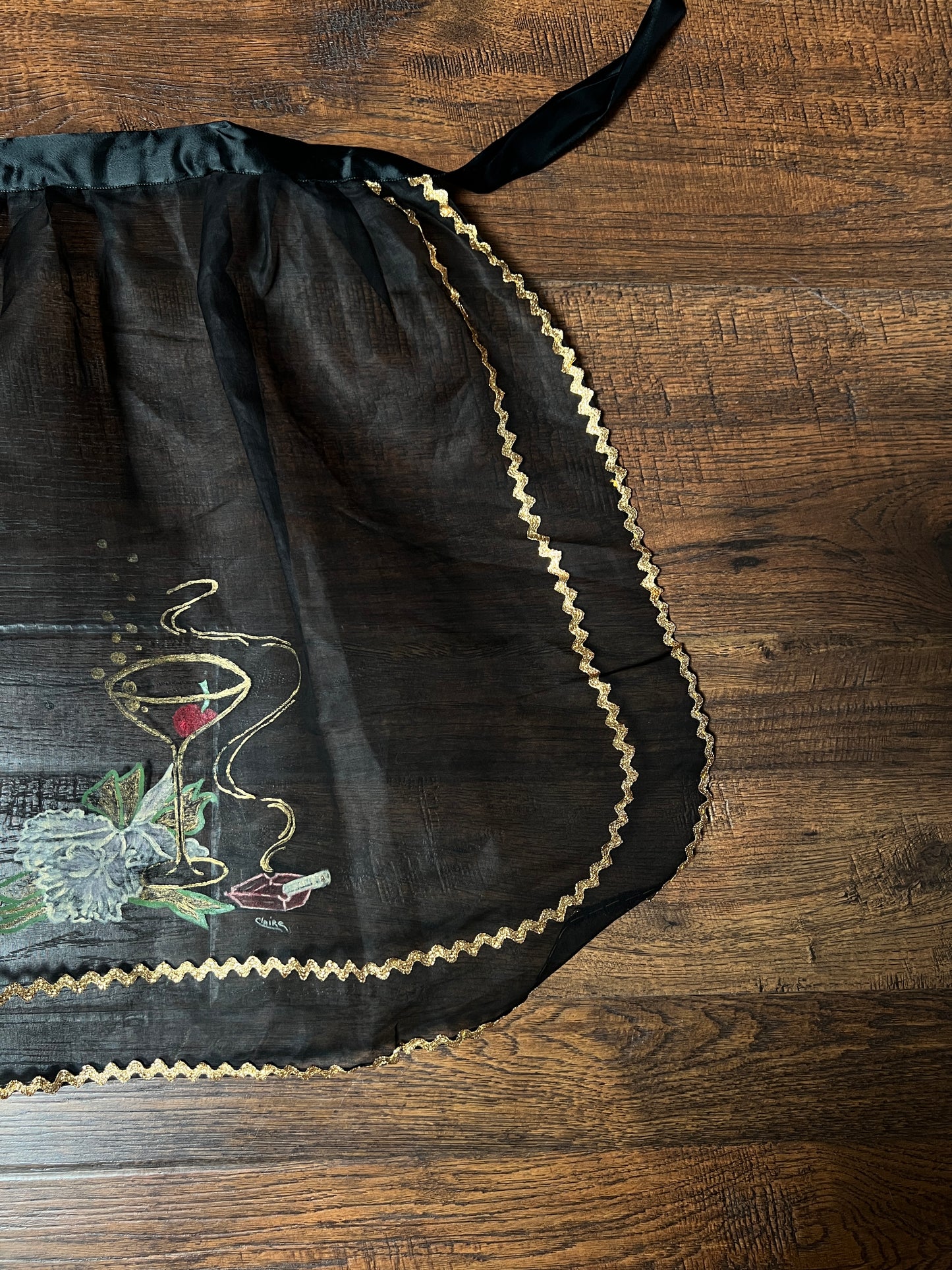 Vintage Mid Century Sheer Black Half Apron — Hand Painted Martini Cigarette with Gold Trim