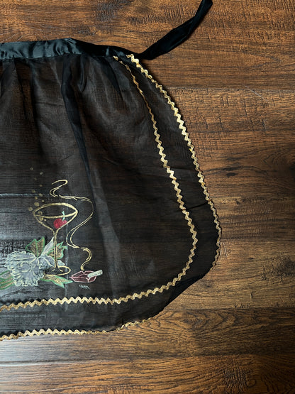 Vintage Mid Century Sheer Black Half Apron — Hand Painted Martini Cigarette with Gold Trim