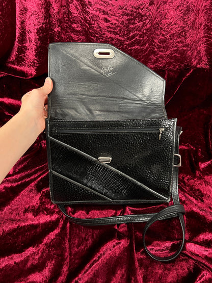 Vintage Y2K Black Leather Shoulder Bag - Reptile Embossed Patchwork Purse