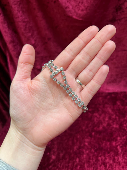 Vintage Jewelry - Tennis Bracelet - Round Cut Clear Rhinestones - Flower Center - 6.75"