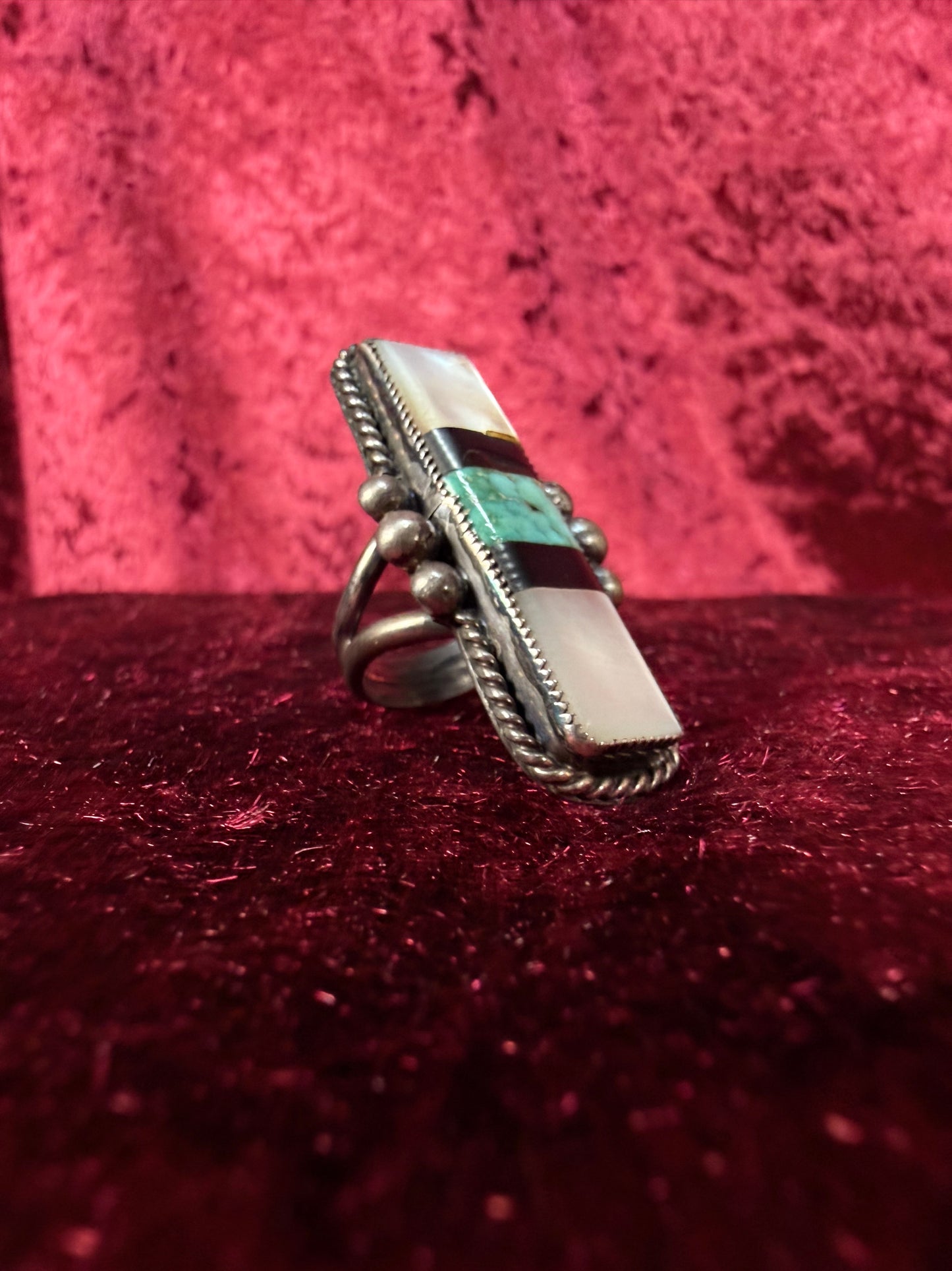 Vintage Sterling Silver Ring – Turquoise and Mother of Pearl Inlay Statement - Size 6