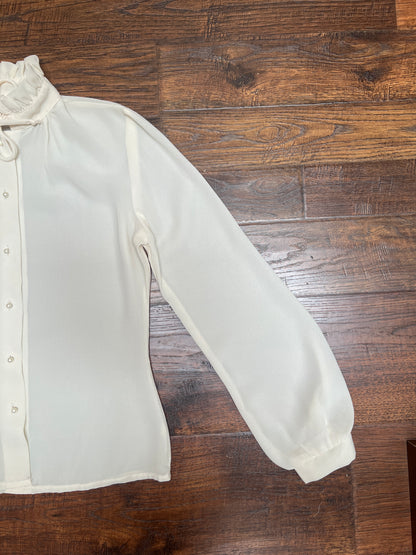 Vintage Clothing - Semi-Sheer Button Front Blouse - Frilly Collar - Cream - Small
