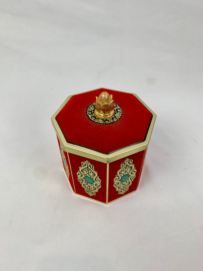 Vintage Blue Bird Confectionery Dark Academia Red Velvet Octagonal Tin - Gold and Turquoise Accents