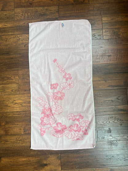 Vintage Linens - Terry Cloth Hand Towel Set - Vining Morning Glory Flowers - Baby Pink - 100% Cotton