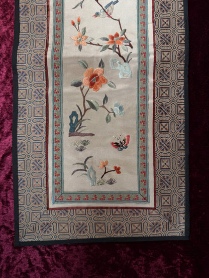Antique Chinese Silk Sleeve Band – Blue Bird In A Tree - Embroidered Textile Robe Panel - Peking, China