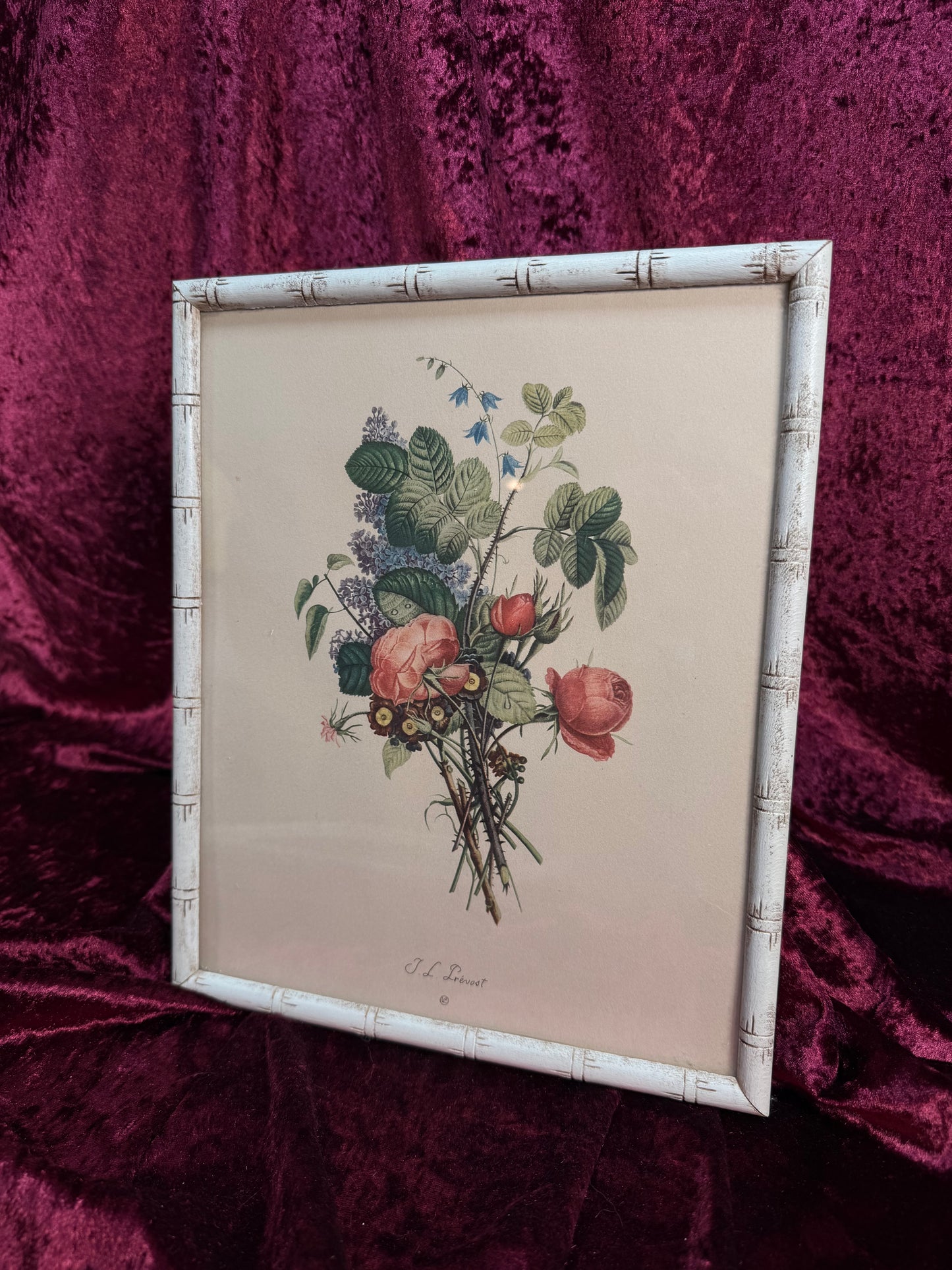 Vintage Framed Botanical Print – Floral Bouquet Bamboo Style Frame