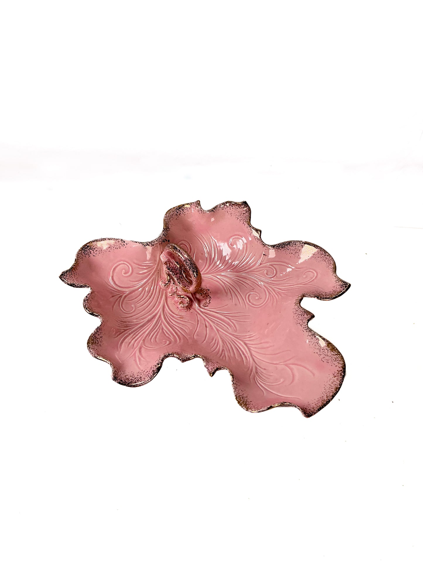 Vintage California Pottery - 1950s Pink and Gold Ceramic Leaf Bowl Dish w/ Loop Handle - Large