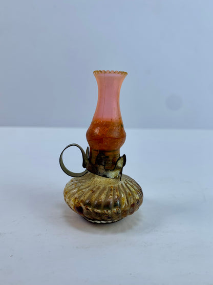 Vintage Perfume Bottle - Miniature Oil Lamp - Amber Glass - 2 1/2"